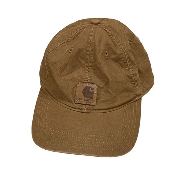 Carhartt Canvas Tan Baseball Cap Vegan Leather Logo Patch - Picture 1 of 7